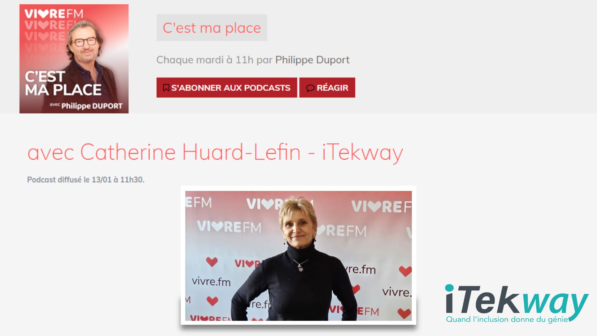 photo de notre Présidente, Catherine HUARD LEFIN, lors de son interview sur Vivre FM pour l'émission "C'est Ma Place" avec Philippe Duport.